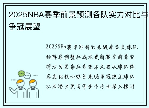 2025NBA赛季前景预测各队实力对比与争冠展望
