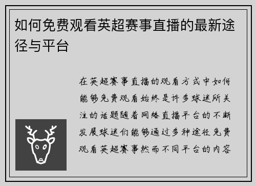如何免费观看英超赛事直播的最新途径与平台